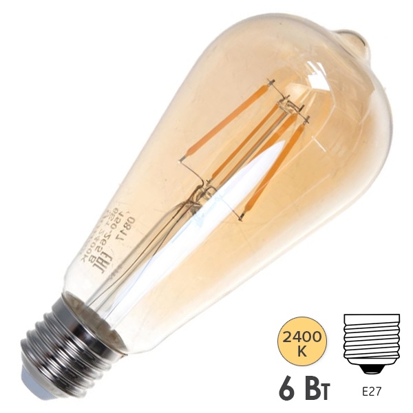 Лампа Gauss Filament ST64 6W 620lm 2400К Е27 golden диммируемая LED