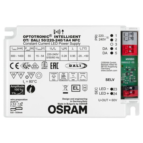 LED драйвер OSRAM OTi DALI 50/220…240/1A4 NFC /LEDset/Prog 55W 600....1400mA 103x75x35mm