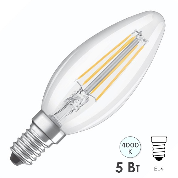 Лампа филаментная свеча Osram LED SCL B 60 5W/840 4000К E14 230V 660Lm Filament