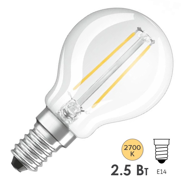 Лампа филаментная светодиодная шарик Osram PARATHOM CL P 25 2.5W/827 2700К E14 230V 250Lm Filament