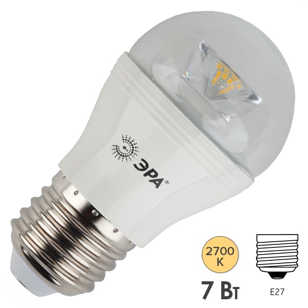 Лампа светодиодная шарик ЭРА LED P45 7W 827 E27 Clear теплый свет (5055945518443)