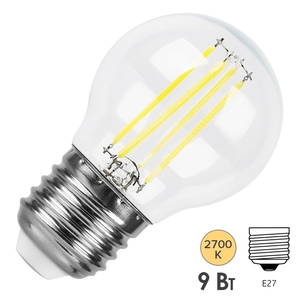 Лампа филаментная шарик Feron LB-509 9W 2700K 230V E27 840Lm прозрачная