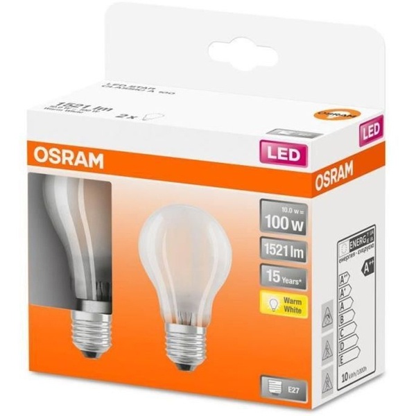 Лампа филаментная Osram LED STAR CLAS A 10W/827 (100W) FR 230V E27 Filament упаковка 2 шт.