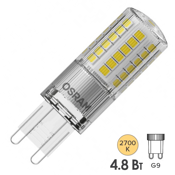 Лампа светодиодная Osram LEDPPIN 50 4,8W/827 G9 230V 600Lm d18x59mm теплый свет