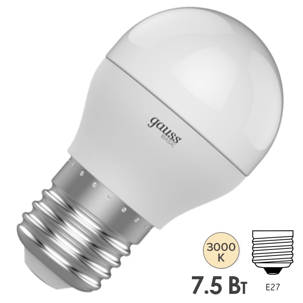 Лампа Gauss Basic Шар 7,5W 670lm 3000K E27 LED 220V