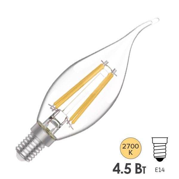 Лампа филаментная светодиодная свеча на ветру Gauss Basic Filament 4,5W 400lm 2700К Е14 LED 220V