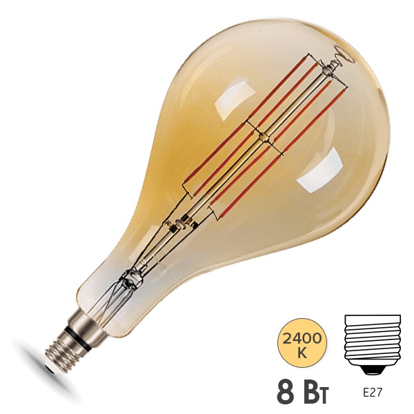 Лампа Gauss Filament А160 8W 2400К 780lm Е27 golden straight LED