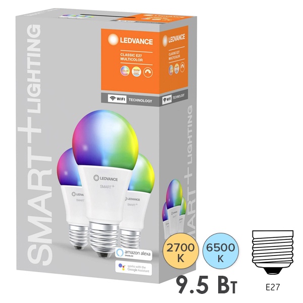 Светодиодная лампа LEDVANCE SMART+ WiFi Classic RGBW 9.5W (замена 75W) 2700…6500K E27 упаковка 3шт.