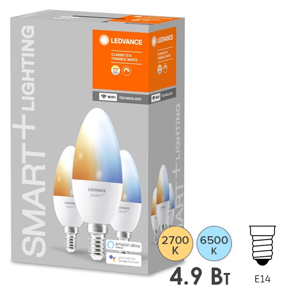 Светодиодная лампа LEDVANCE SMART+ WiFi Candle Tunable White 5W (40W) 2700…6500K E14 упаковка 3шт.