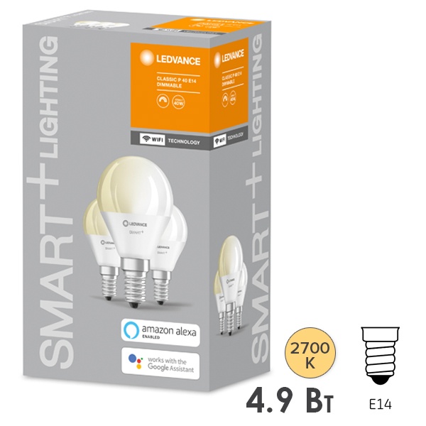 Светодиодная лампа LEDVANCE SMART+ WiFi Mini Bulb DIM 5W (замена 40W) 2700K E14 упаковка 3шт.