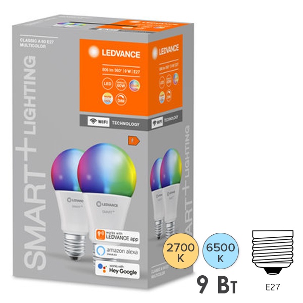 Светодиодная лампа LEDVANCE SMART+ WiFi Classic RGBW 9W (замена 60W) 2700…6500K E27 упаковка 2шт.