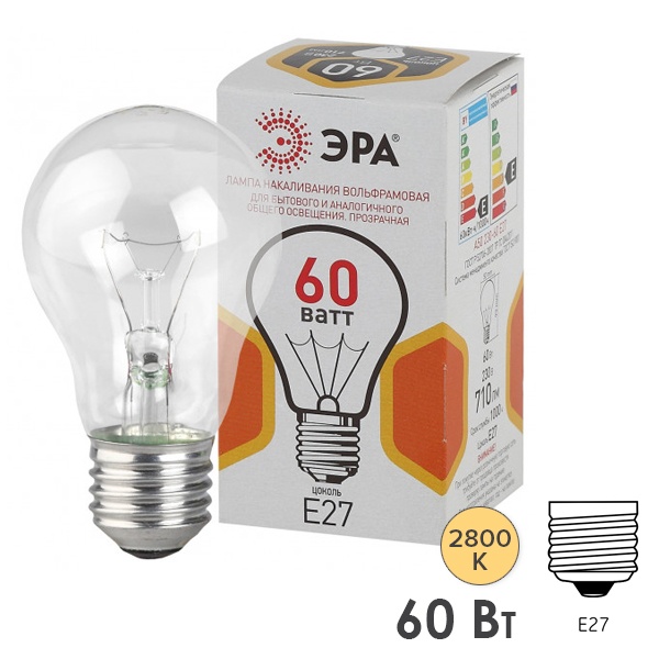 Лампа накаливания A50 60W 230V E27 прозрачная ЭРА (5056183786175)