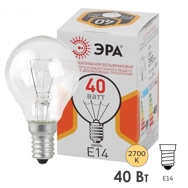 Лампа накаливания шарик ЭРА ДШ (P45) 40W 230V E14 (5056183786694)