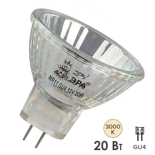 Лампа галогенная ЭРА MR11 20W 12V GU4 30° CL софит нейтральный (5055287100276)