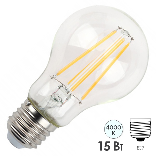 Лампа филаментная груша ЭРА F LED A60 15W 840 E27 белый свет (5056306011979)