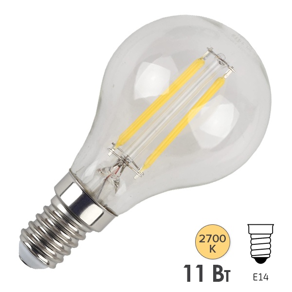 Лампа филаментная шарик ЭРА F LED P45 11W 827 E14 теплый свет (5056306014659)