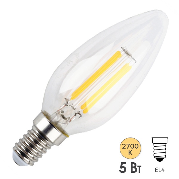 Лампа филаментная свеча ЭРА F-LED B35 5W 827 E14 5W теплый белый свет