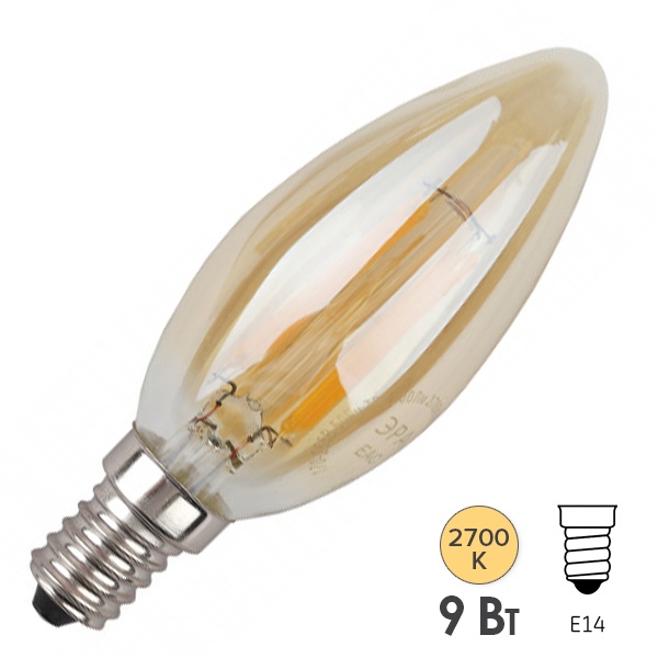 Лампа филаментная свеча ЭРА F-LED B35 9W 827 E14 золотистая теплый белый