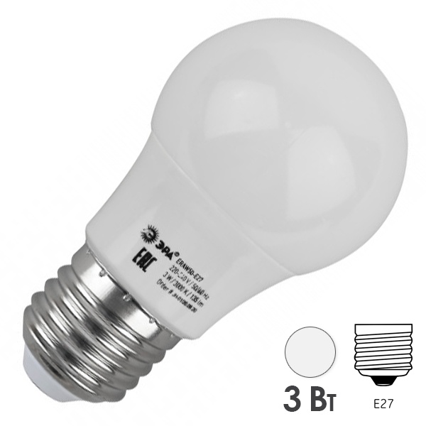 Лампа светодиодная ЭРА STD ERAW50-E27 3W груша белый для белт-лайт