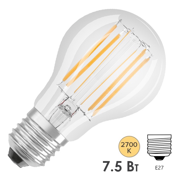 Лампа филаментная Osram PARATHOM CL A 7,5W/827 (75W) 230V E27 DIM 1055Lm Filament