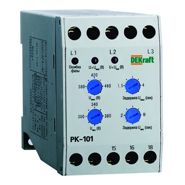 Реле контроля фаз 380В 50Гц 1NO/NC 5A тип 01 серии РК-101 DEKraft