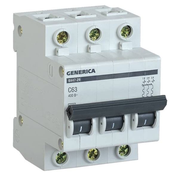 Автоматический выключатель GENERICA ВА 47-29 3Р 63А 4,5кА характеристика С ИЭК (автомат электрический)