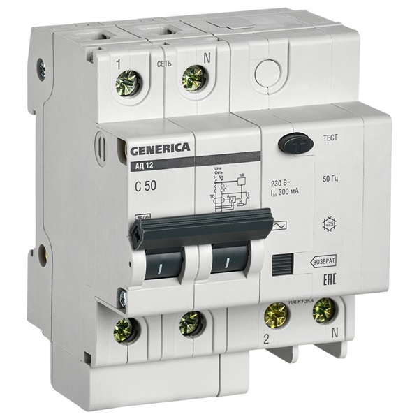 Дифференциальный автомат 2П C50А 300мА тип АС однофазный электронный 4,5кА АД12 GENERICA ИЭК (дифавтомат, АВДТ)