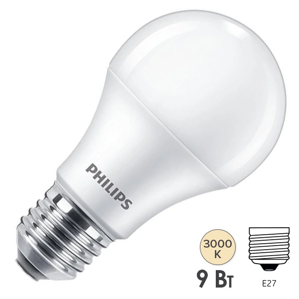 Лампа светодиодная Philips ESS LED Bulb A60 9W (65W) 3000K E27 680Lm упаковка 3шт.