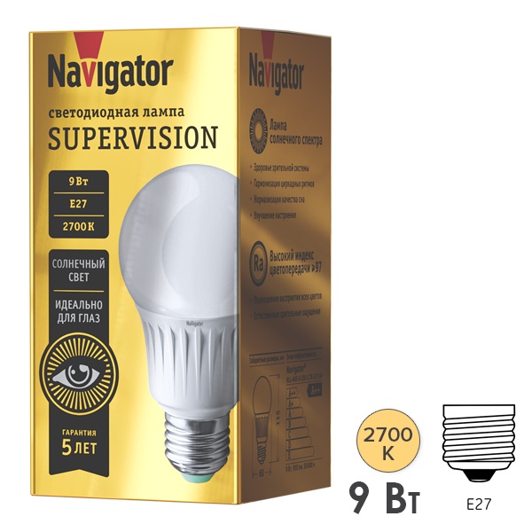 Лампа светодиодная Navigator 80 548 NLL-A60-9-230-2.7K-E27-FR-SV 9W 2700K 810lm 230V теплый свет