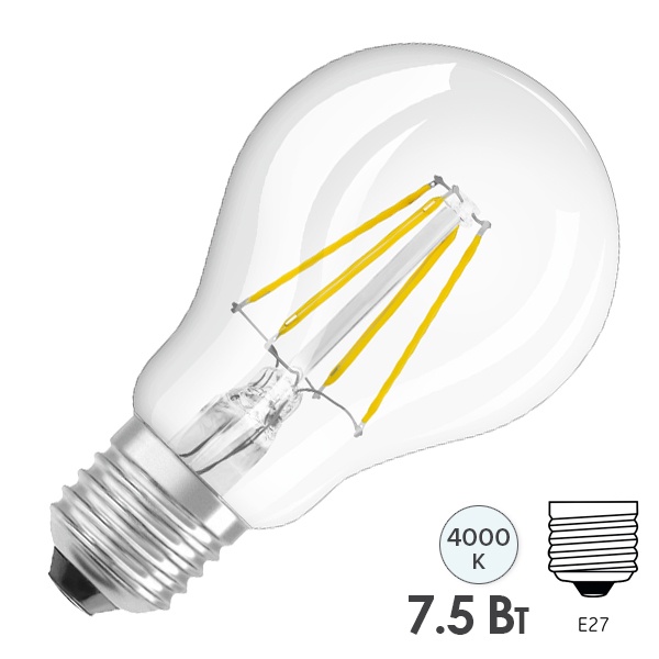 Лампа филаментная Osram PARATHOM CLAS A 7,5W/840 (75W) 230V E27 прозрачная Filament