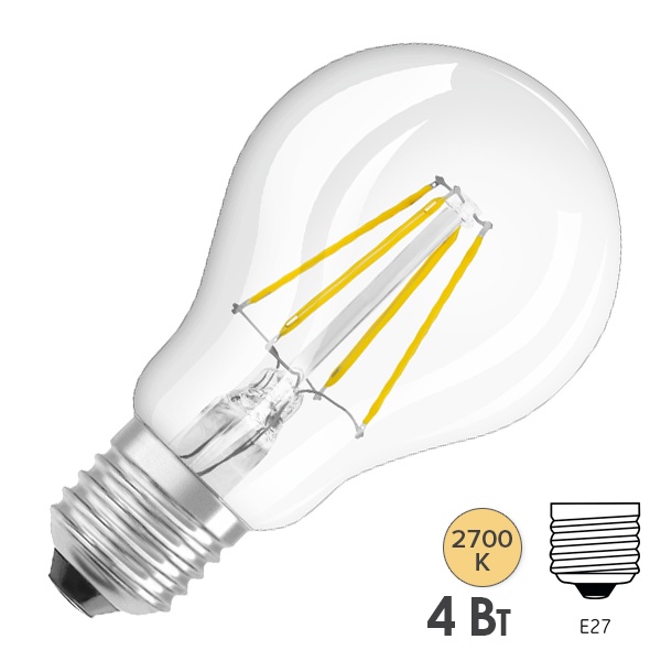 Лампа филаментная Osram PARATHOM CLAS A 4W/827 (40W) 230V E27 прозрачная Filament