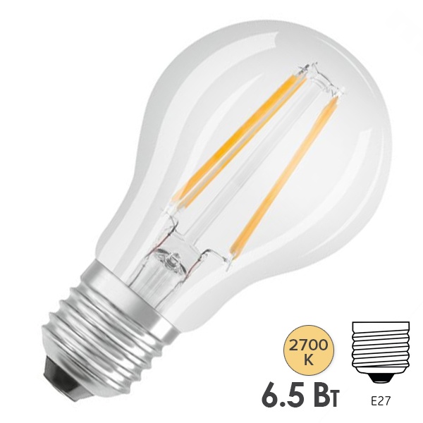 Лампа филаментная Osram PARATHOM CLAS A 6,5W/827 (60W) 230V DIM E27 прозрачная Filament