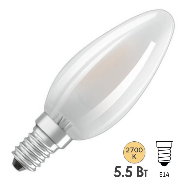 Лампа филаментная свеча Osram PARATHOM CLASSIC B 5,5W/827 (60W) FR 230V E14 806Lm Filament