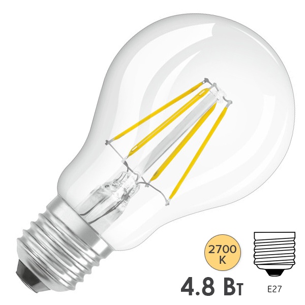 Лампа филаментная Osram PARATHOM CLAS A 4.8W/827 (40W) CL 230V DIM E27 прозрачная Filament