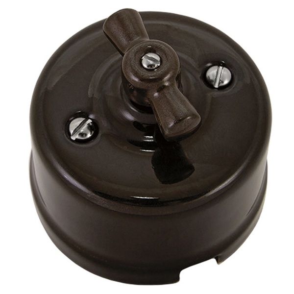 Выключатель 1-клавишный перекрёстный с ручкой (бантик) 10А TDM Болонь, фарфор коричневый
