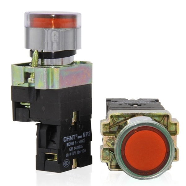 Кнопка управления NP2-EW3465 1НО+1НЗ красная с подсветкой AC/DC230В(LED d22мм) IP40 CHINT