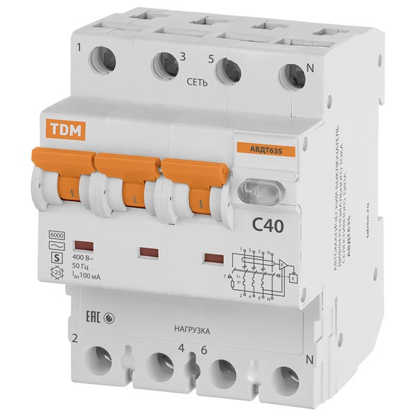 Дифференциальный автомат 4П C40А 100мА тип АС трехфазный электронный 6кА селективный АВДТ63S TDM (дифавтомат, АВДТ)