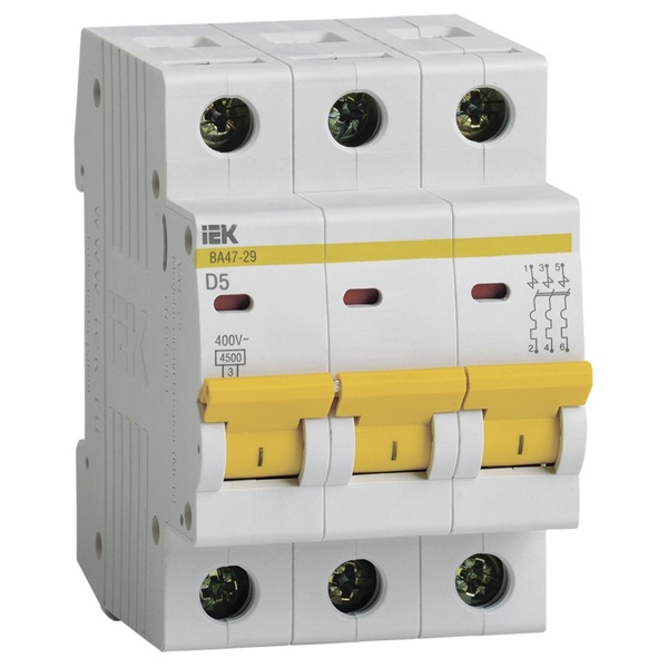 Автоматический выключатель ВА47-29 3Р 5А 4,5кА характеристика D ИЭК (автомат электрический)