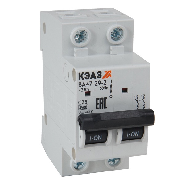 Автоматический выключатель ВА47-29 2Р 10А 4,5кА характеристика C (ВА47-29-2C10-УХЛ3) КЭАЗ (автомат электрический)