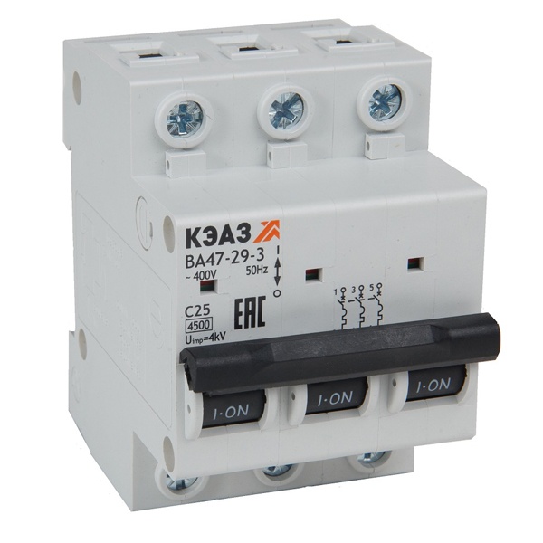 Автоматический выключатель ВА47-29 3Р 10А 4,5кА характеристика C (ВА47-29-3C10-УХЛ3) КЭАЗ (автомат электрический)