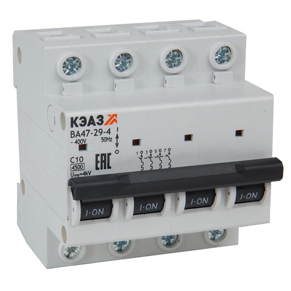 Автоматический выключатель ВА47-29 4Р 10А 4,5кА характеристика C (ВА47-29-4C10-УХЛ3) КЭАЗ (автомат электрический)