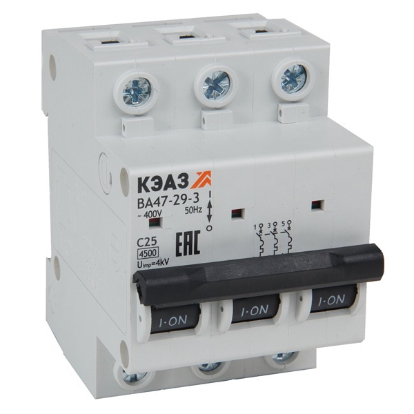 Автоматический выключатель ВА47-29 3Р 10А 4,5кА характеристика B (ВА47-29-3B10-УХЛ3) КЭАЗ (автомат электрический)