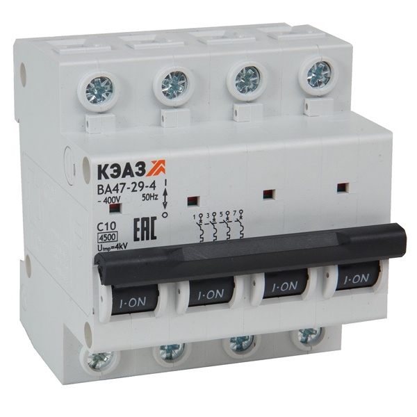 Автоматический выключатель ВА47-29 4Р 10А 4,5кА характеристика B (ВА47-29-4B10-УХЛ3) КЭАЗ (автомат электрический)