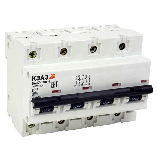 Автоматический выключатель ВА47-100 4P 63A C 10кА AC 6м (ВА47-100-4С63-УХЛ3) КЭАЗ (автомат электрический)