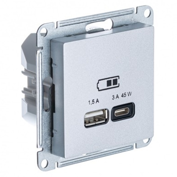 Зарядка USB тип А + тип С 45W высокоскоростная зарядка QC, PD,SE AtlasDesign, алюминий
