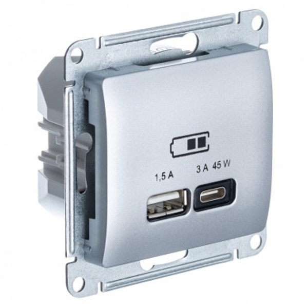 Зарядка USB тип А + тип С 45W высокоскоростная зарядка QC, PD,SE Glossa, алюминий