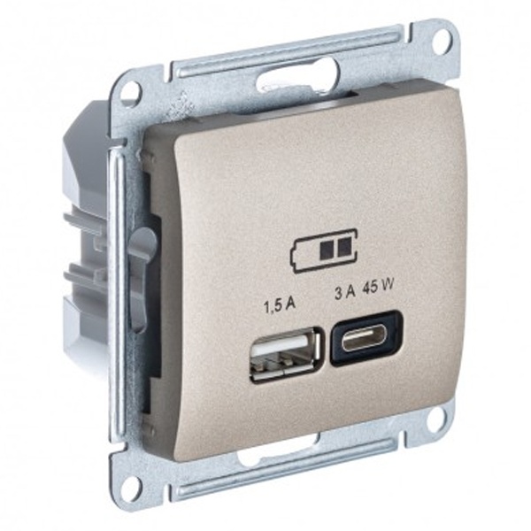 Зарядка USB тип А + тип С 45W высокоскоростная зарядка QC, PD,SE Glossa, титан