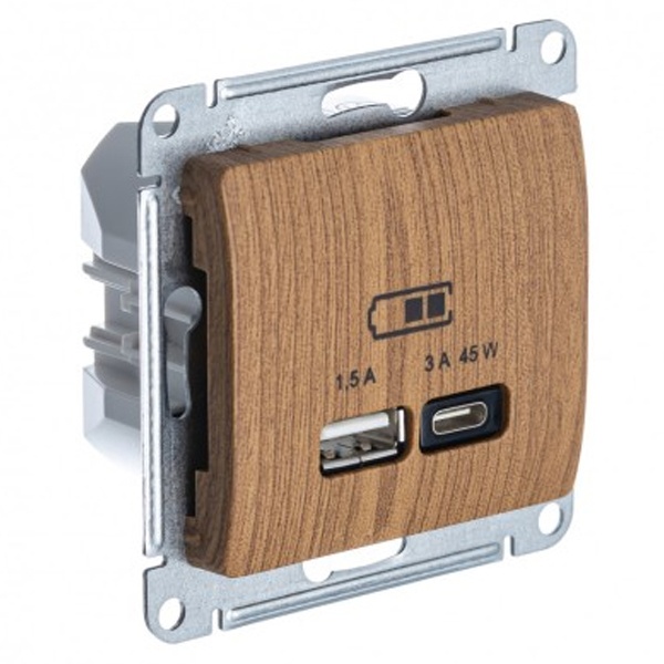 Зарядка USB тип А + тип С 45W высокоскоростная зарядка QC, PD,SE Glossa, дерево дуб