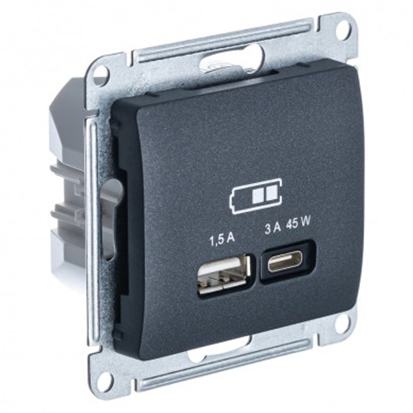 Зарядка USB тип А + тип С 45W высокоскоростная зарядка QC, PD,SE Glossa, антрацит