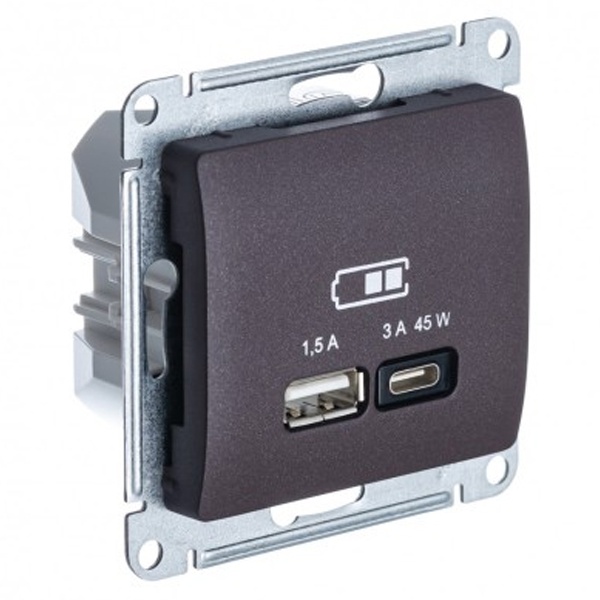 Зарядка USB тип А + тип С 45W высокоскоростная зарядка QC, PD,SE Glossa, шоколад